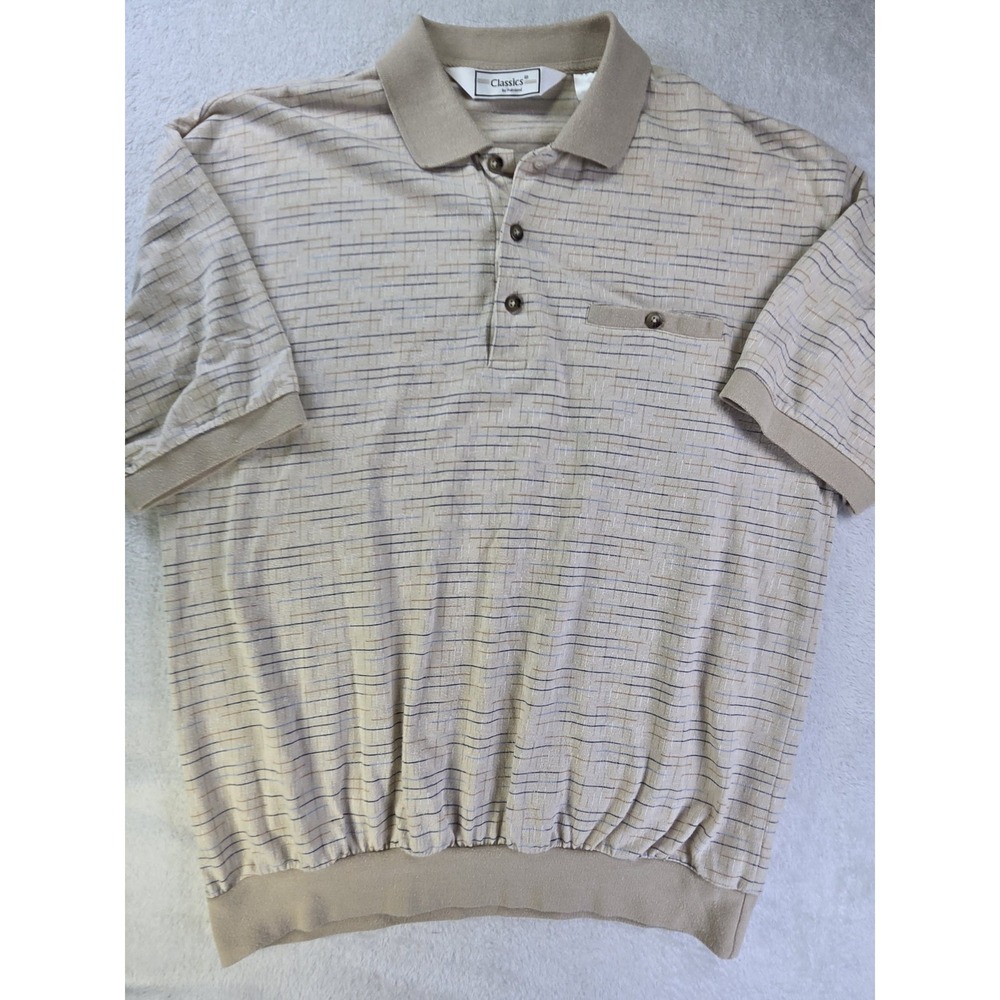 Vintage Palmland Classics Banded Bottom Polo Shirt XL Beige Striped Retro Taiwan